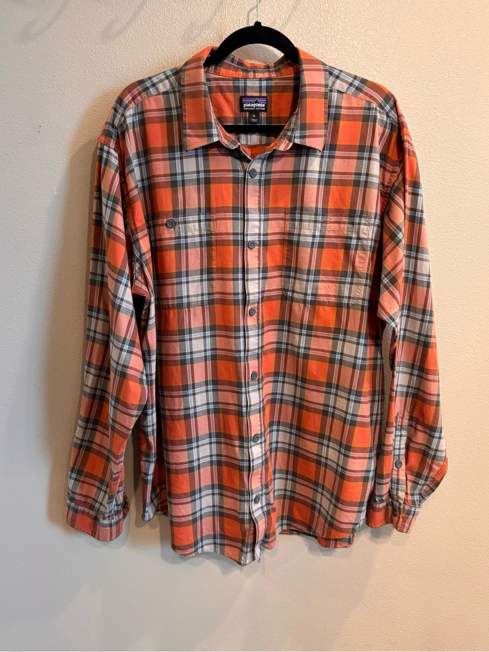 Patagonia Orange and Gray Plaid Button-Down Shirt